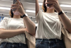 【下からの眺め44】純白のTシャツが眩しい女子大生のおっぱいを下から観察!